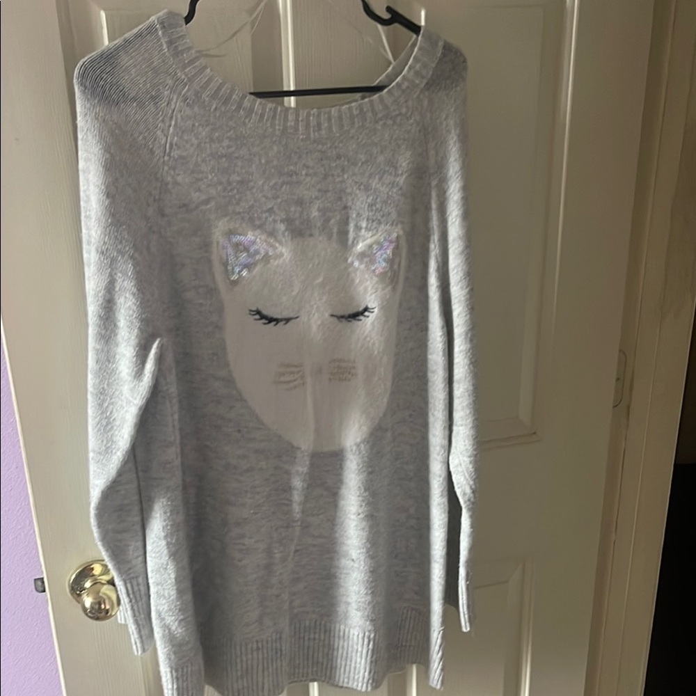 LC Lauren Conrad Gray and White Crew Neck Sweater with Cat Design